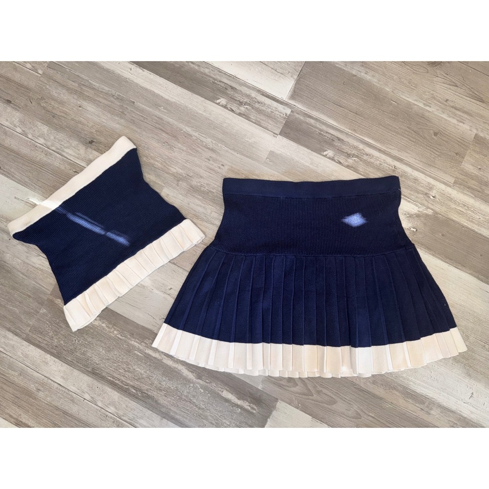 Freshman 1996 Knit Skirt Set Women Navy Blue Cream Preppy Pleated Mini L/XL